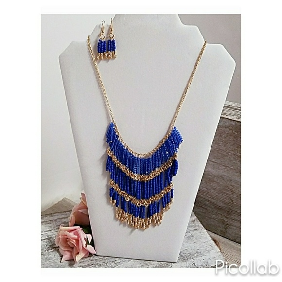 Jewelry - Blue/Gold Bead Drop Statement Necklace & Earrings